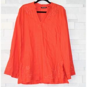 VALERIE STEVENS NWOT 100% Linen Orange Tone on Tone Floral Embroider Tunic Top M